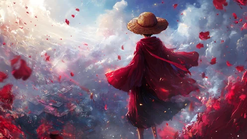 Cloaked wanderer over crimson sky cityscape, petals swirl.