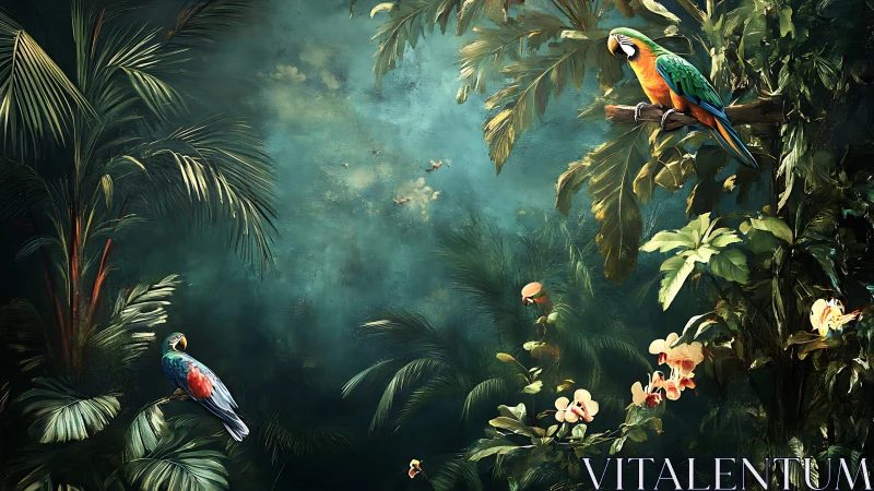 Colorful parrots resting in a dreamy emerald jungle canopy.