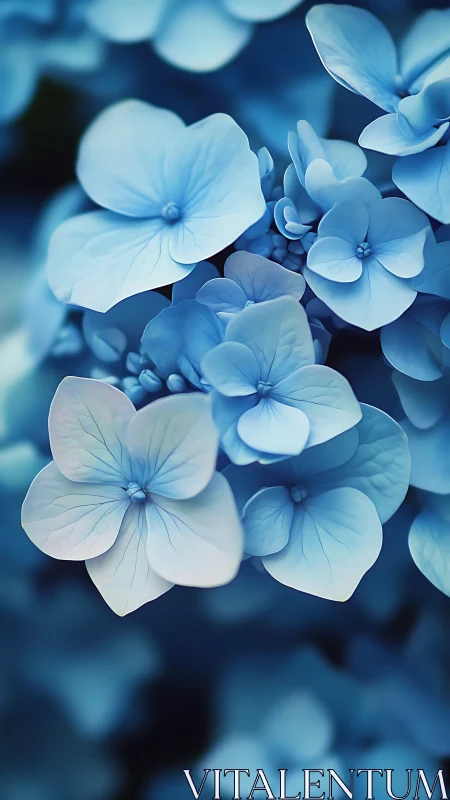 Blue Hydrangea Cluster: Shallow Depth Field Botanical Macro Study
