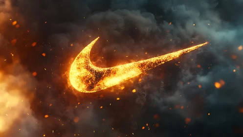 Fiery swoosh emblem ignites against dark storm clouds.
