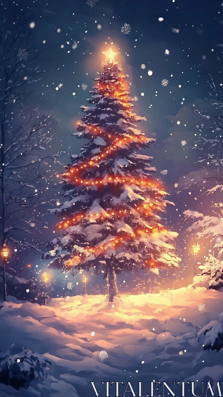 Snow laden Christmas tree with warm fairy lights at dusk