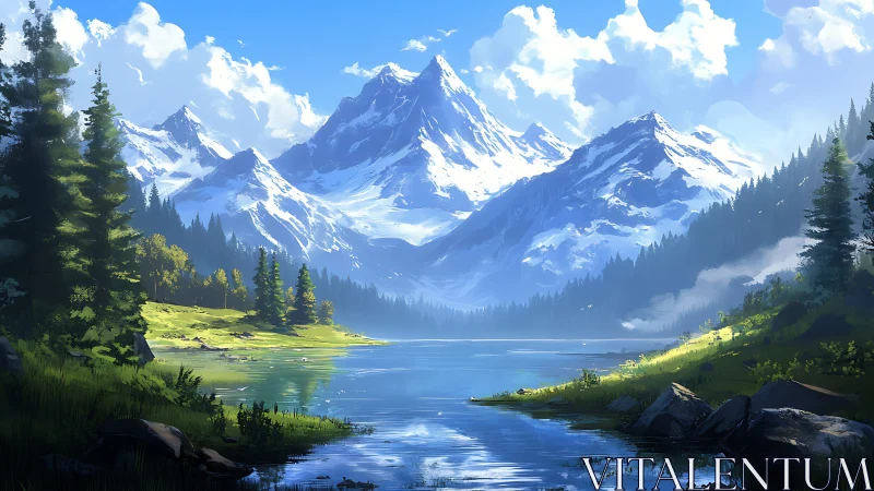 Snow peaks rise over mirror lake under crisp blue sky.