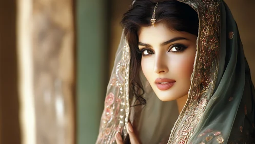 Elegant woman in traditional attire with ornate headscarf, soft lighting.