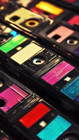 Colorful retro cassette tapes form tight geometric pattern