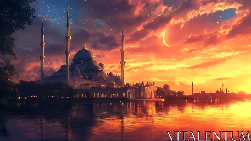 Golden crescent mosque glows over tranquil waters at dusk