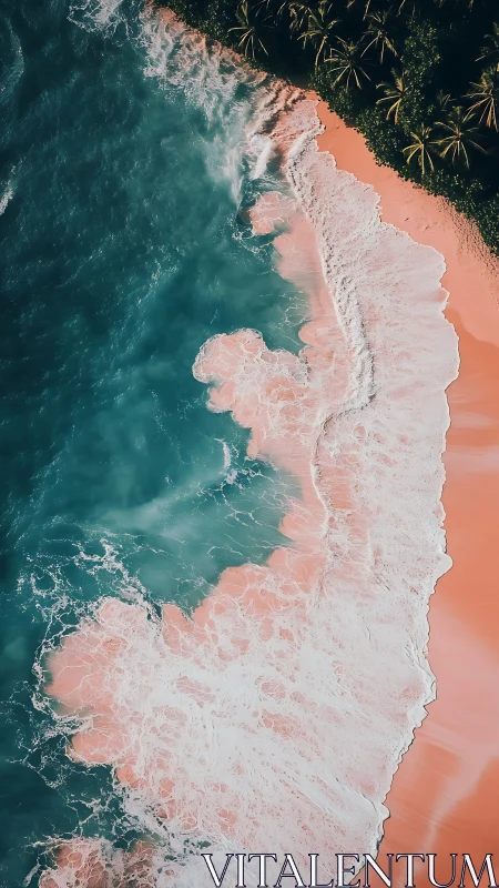 Pastel surf washes over a tranquil pink tropical shoreline