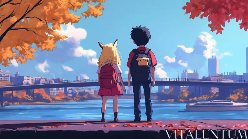 Two students overlook river and city in calm autumn light.