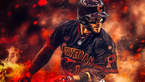 Blazing ballplayer charging through a storm of color and fire.