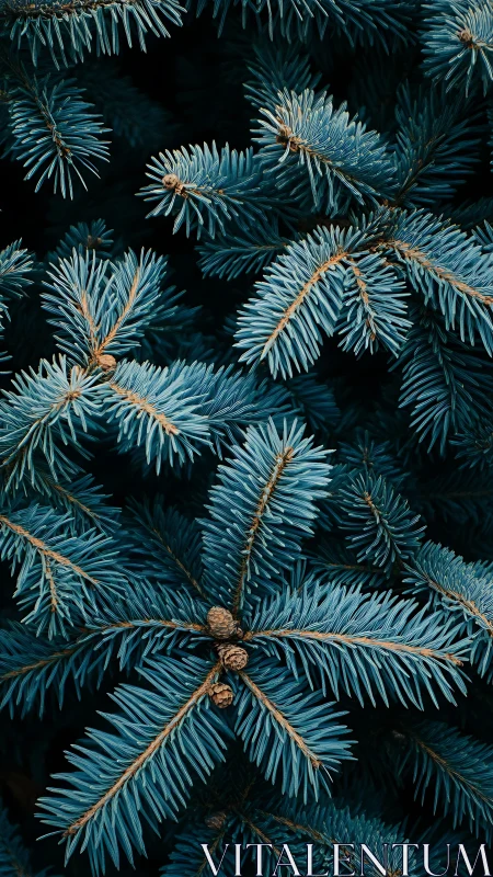 Close-up view of dense blue spruce pine branches.