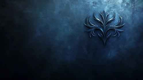 Metallic floral emblem rests on textured blue wall