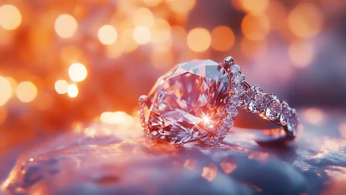 Diamond engagement ring glows under warm sunset bokeh light