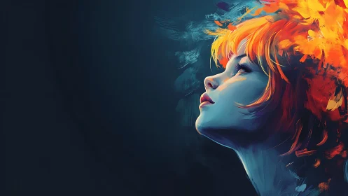 Ember-haired dreamer gazes upward through swirling color. Period.