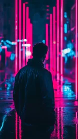 Backlit urban silhouette in magenta cyan neon corridor at night
