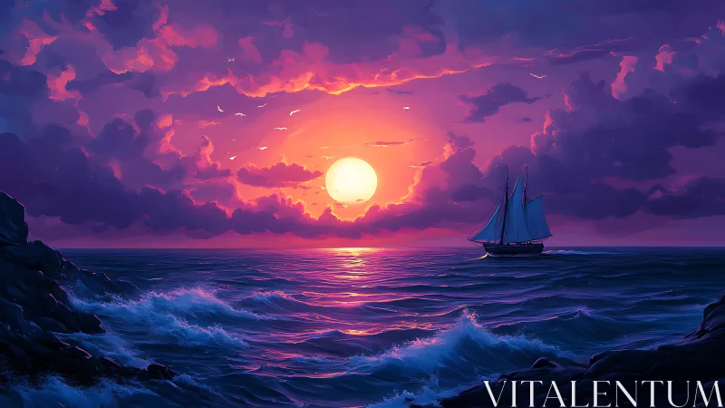 Radiant sunset bathes a lone sailboat on glowing seas.