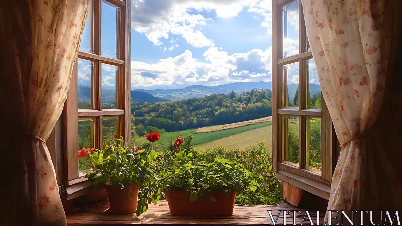 Open wooden window with potted plants facing rural valley.