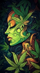 Psychedelic botanical muse with swirling cannabis arabesques.