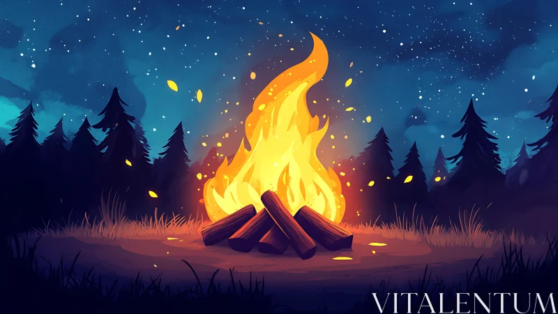 Nocturnal Campfire with Stellar Backdrop and Coniferous Silhouettes.