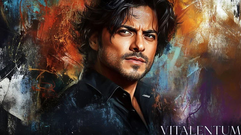 Intense male portrait within turbulent abstract color field.