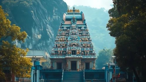 Ornate blue Hindu temple tower in forested mountain setting.
