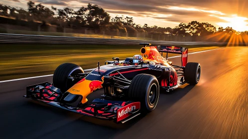 High-speed Formula racing car on circuit at golden sunset