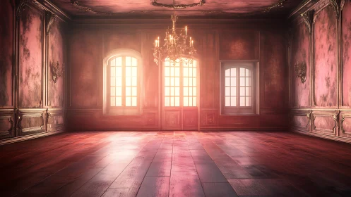Sunlit baroque salon interior with chandelier and wood floor