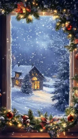 Cozy winter cabin glows beyond a softly lit garland window.