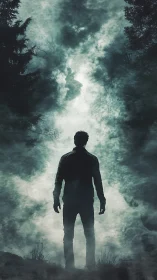 Backlit human silhouette in atmospheric forest fog field.