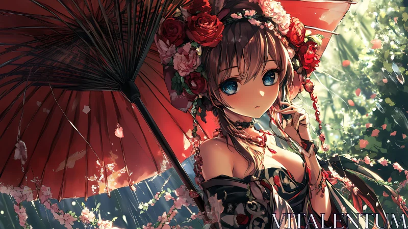 Anime girl under parasol with floral headdress and rim lighting