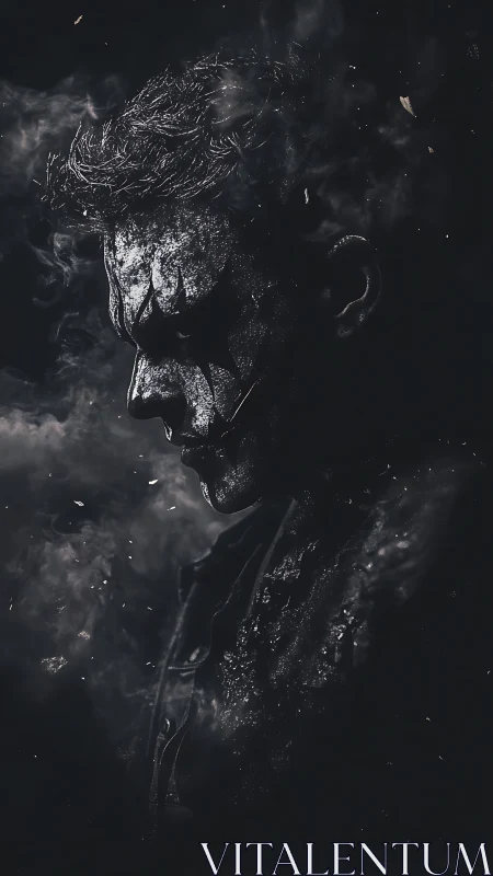 Textured profile portrait maps cracked makeup into drifting smoke