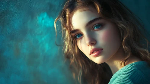 Cinematic teal portrait with soft-focus bokeh backdrop.