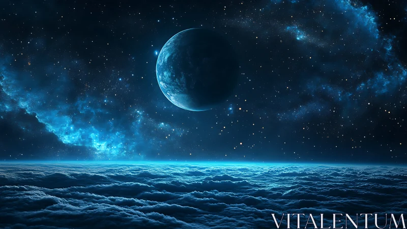 Planet over cloud-covered horizon in deep space scene.