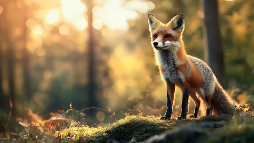 Red fox standing on mossy forest floor at sunset light.