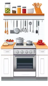 Modern stove with cookware, utensils and countertop food items.