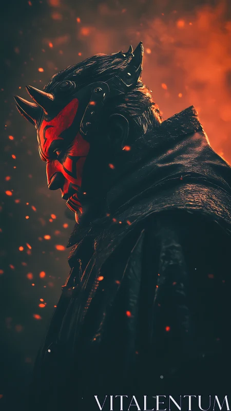 Horned masked figure in profile amid drifting embers.