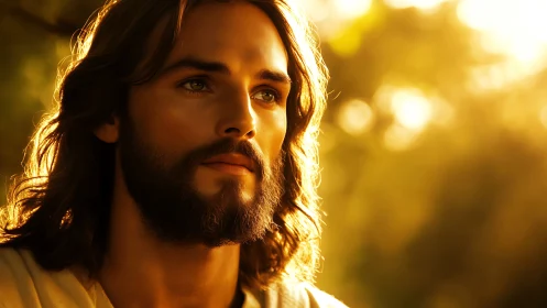 Golden light surrounds a serene bearded man in soft focus