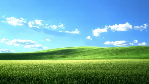 Sunlit green hills roll under a clear, tranquil blue sky