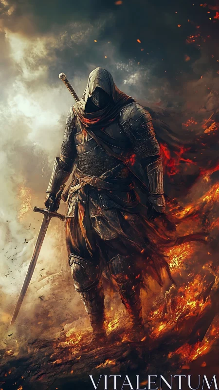 Hooded fire warrior strides through burning battlefield.