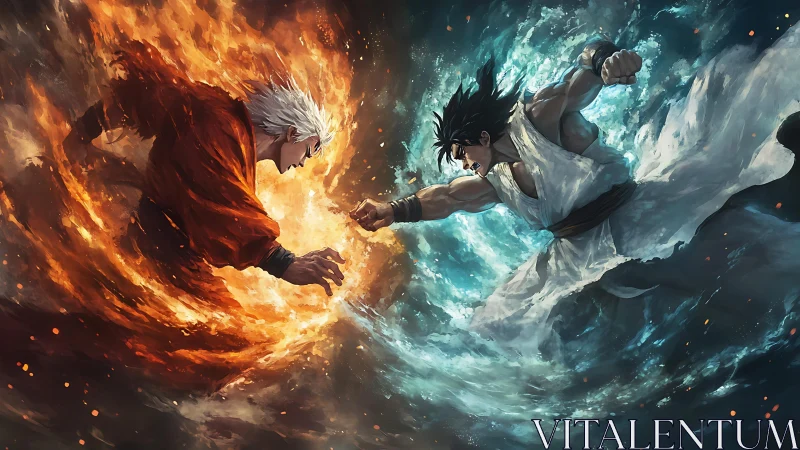 Elemental duel of blazing fists and tidal resolve frozen mid-clash.