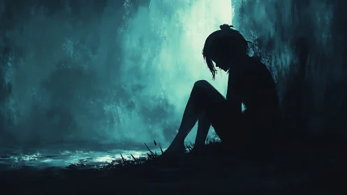 Soft blue shadows cradle a quiet figure in reflection