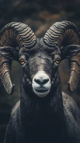 Gentle mountain ram meeting your gaze with quiet strength.