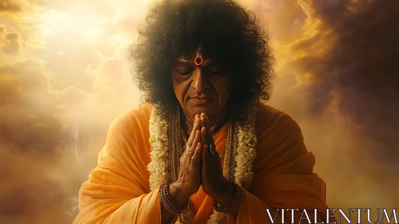 Spiritual guru in saffron robes prays amid glowing clouds