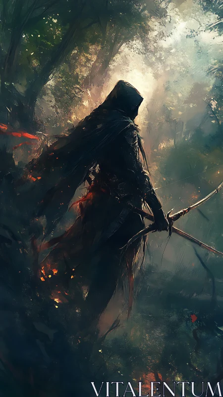 Hooded archer in volumetric forest haze, dynamic chiaroscuro.