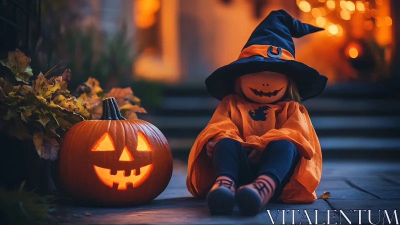 Jack-o-lantern costume child in shallow-depth Halloween portrait.