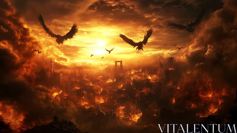 Fiery skyline under stormy wings and a blazing sunset.