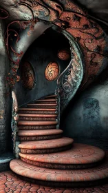 Curved terracotta stairway coils into a moody fantasy alcove