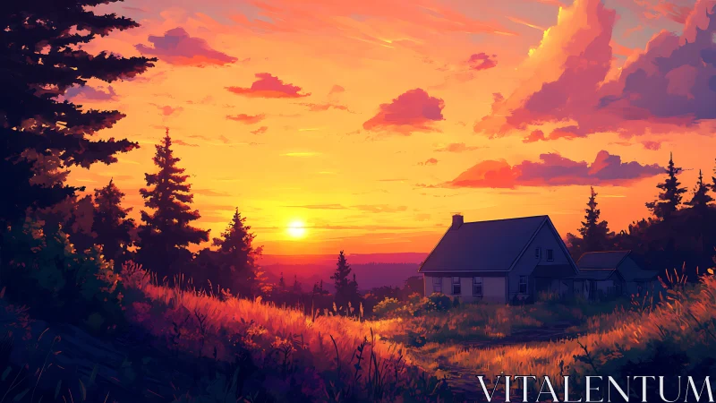 Rural hillside cottage under saturated sunset sky gradient