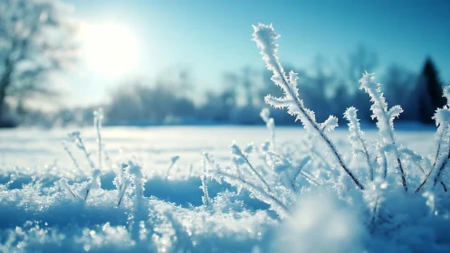 Sunlit winter frost crystals cover frozen meadow surface
