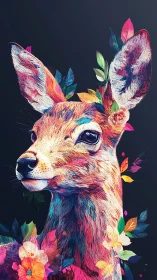 Multicolor floral deer portrait with neon foliage on dark field