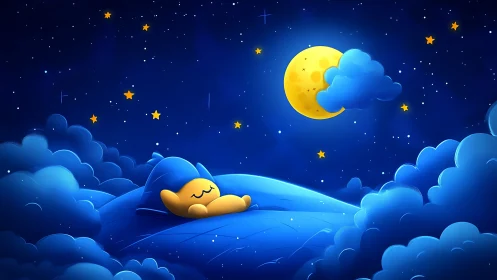 Dreamy moonlit clouds cradle a cozy sleeping character