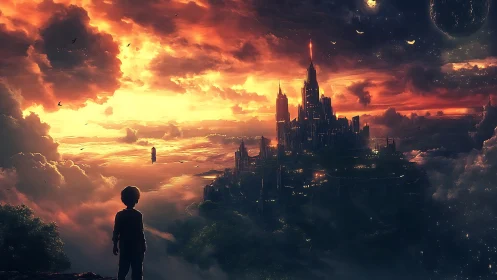 Silhouetted child observes distant floating fortress at sunset